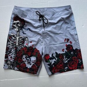 Sec 119 Board Shorts Mens 36 Grateful Dead Skeleton Red Roses Lightweight Trunks